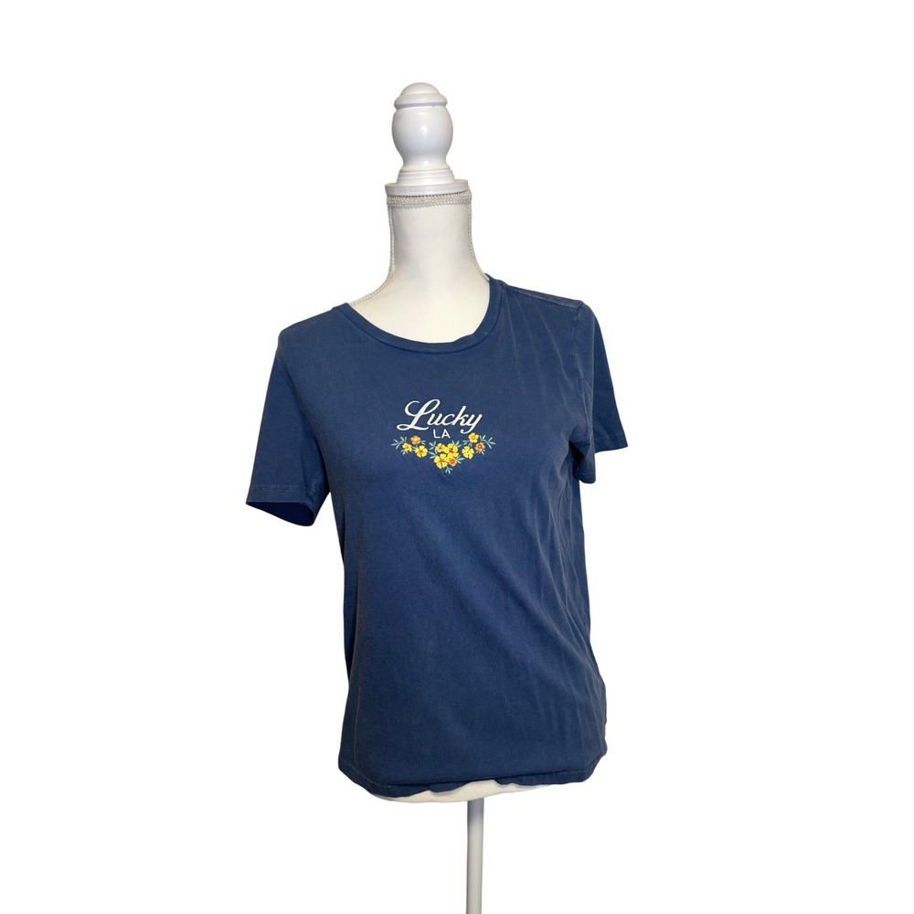Lucky Brand Women's Blue "Lucky LA"โ Embroidered Short Sleeve T-Shirt Size Small